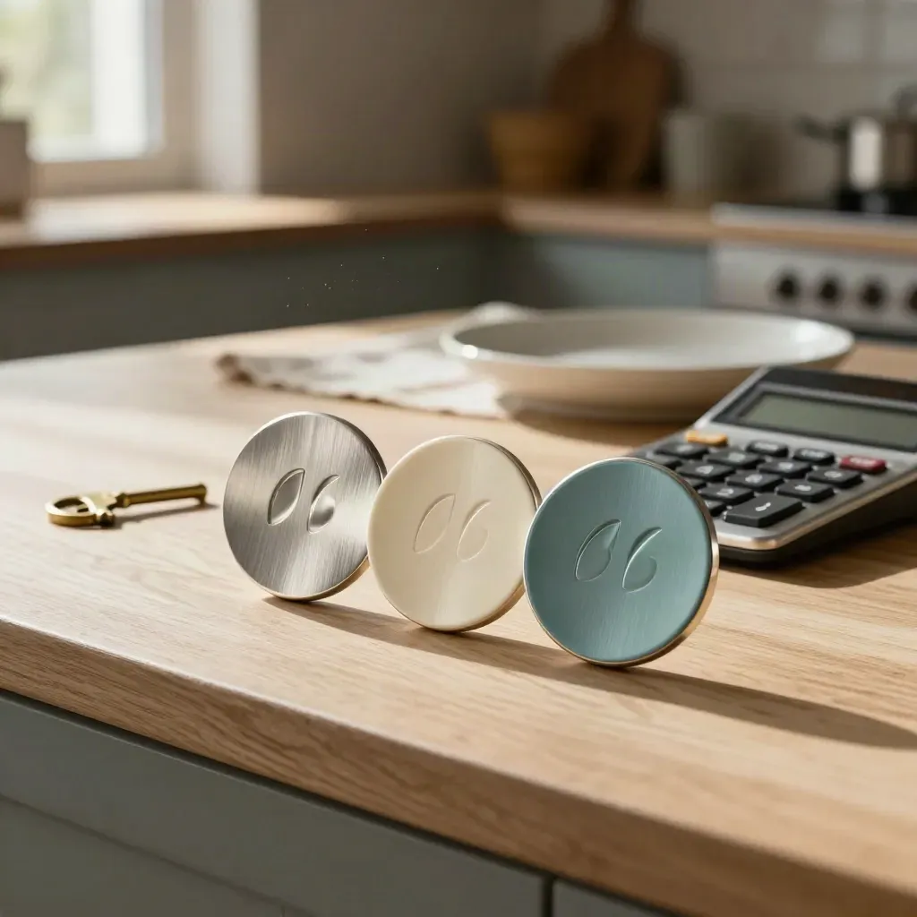 Drie vergelijkingschips, een calculator en een brass key op een zonovergoten eiken keukeneiland.