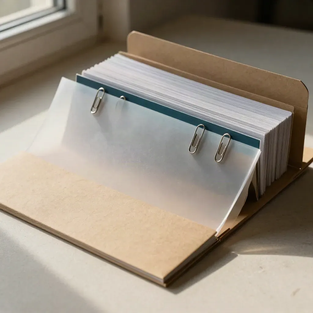 Geordende aanvraagmap met sleeves en paperclips op een lichte pleistervloer, met teal accent.