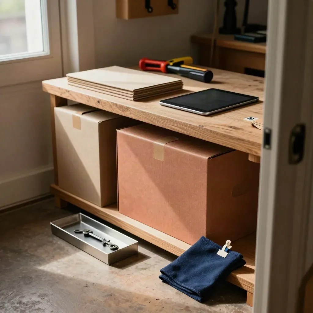 Compacte werkbank met voorraaddozen, gesloten tablet en stalen sleutelbak in warm studiolicht.