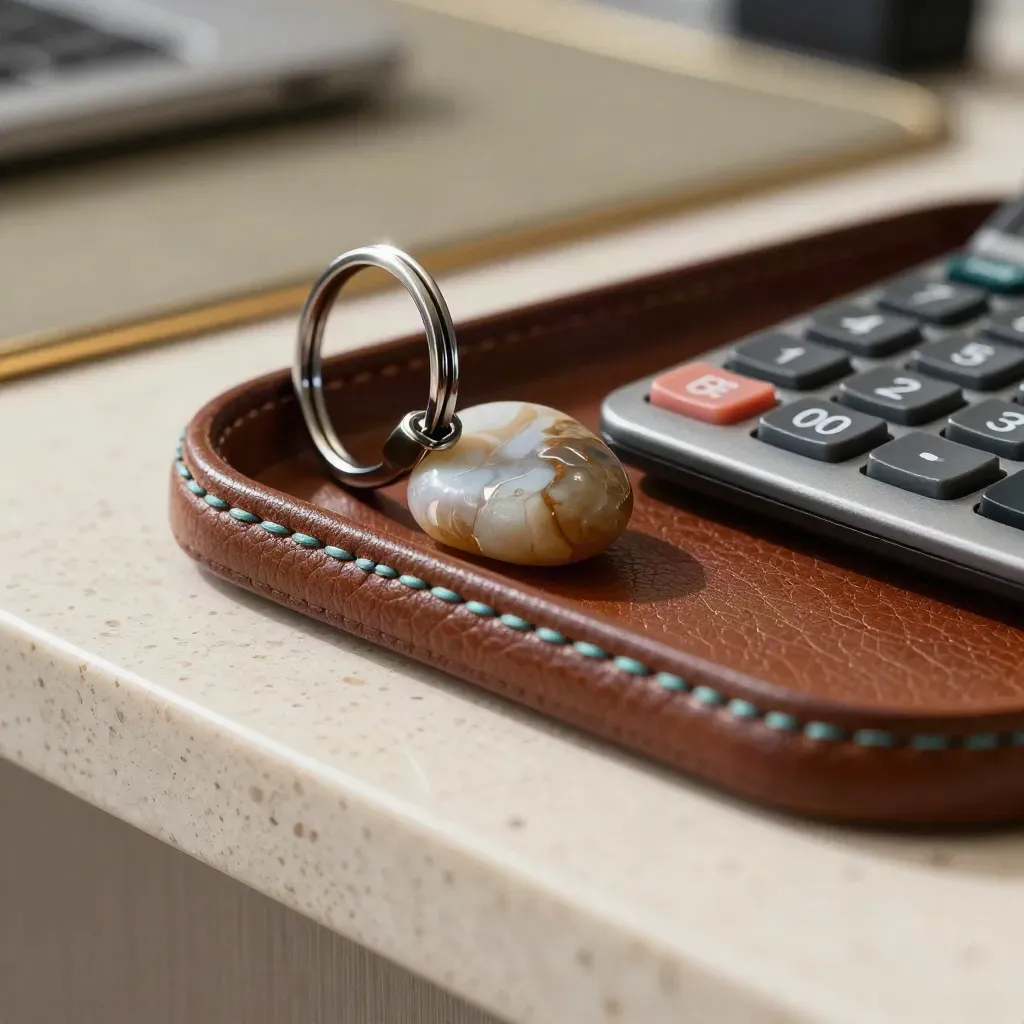 Macro van een sleutelring, calculatorhoek en stenen paperweight in een leren tray.