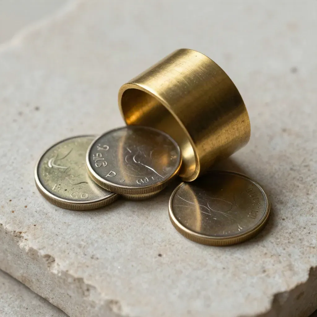 Drie betaaltokens onder een messing band op pale steen, in zacht licht.