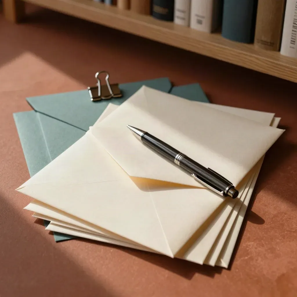 Financiële documenten met enveloppen, klemmen en een teal map op terracotta ondergrond