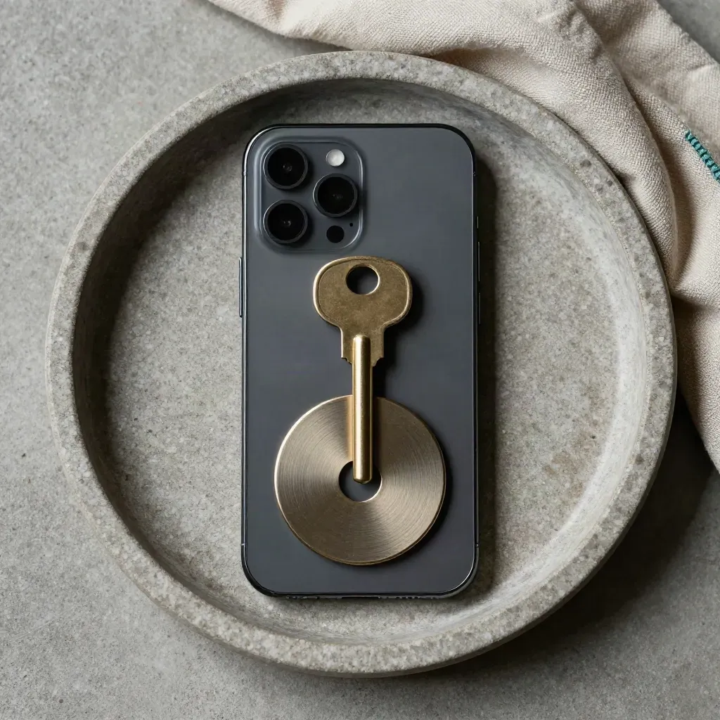Bovenaanzicht van een smartphone, messing sleutel en keramische schijf in een stenen tray.