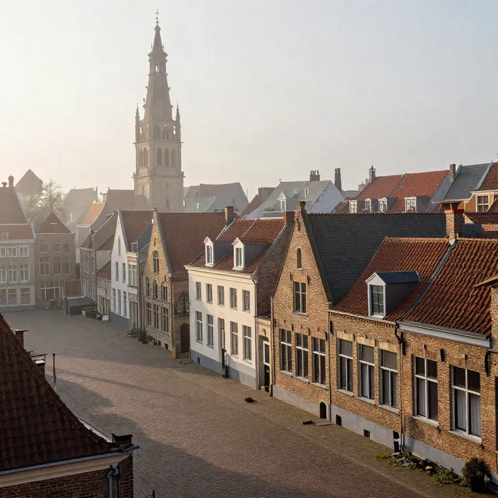 De Domtoren boven een mistig plein in Utrecht met historische daken.